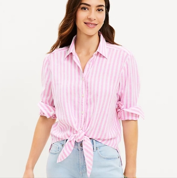 LOFT, Pink Striped Linen Blend Button Down Tie Front Everyday Shirt SZ Large - Picture 1 of 14